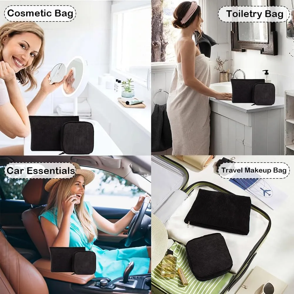 2Pcs Makeup Bag for Women, Large Corduroy Cosmetic Bag Capacity Travel Toiletry Bag Mini Makeup Pouch for Purse Small Makeup Organizer Bag Cute Makeup Brushes Storage Bag (Large Mini Black)