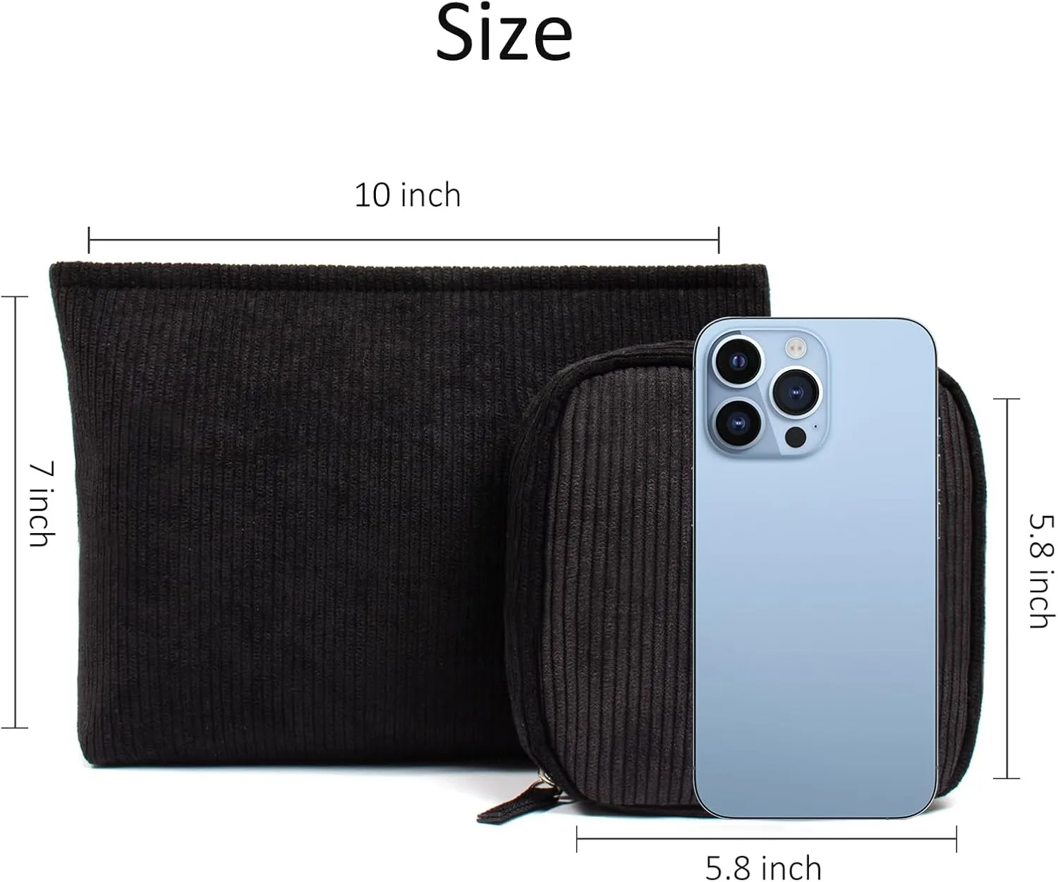 2Pcs Makeup Bag for Women, Large Corduroy Cosmetic Bag Capacity Travel Toiletry Bag Mini Makeup Pouch for Purse Small Makeup Organizer Bag Cute Makeup Brushes Storage Bag (Large Mini Black)