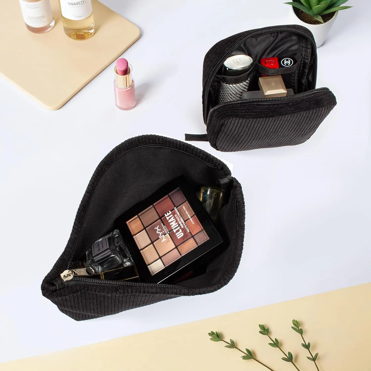 2Pcs Makeup Bag for Women, Large Corduroy Cosmetic Bag Capacity Travel Toiletry Bag Mini Makeup Pouch for Purse Small Makeup Organizer Bag Cute Makeup Brushes Storage Bag (Large Mini Black)
