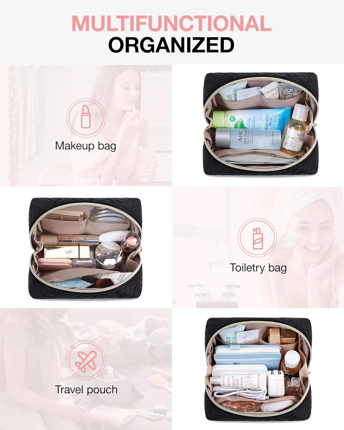 BAGSMART Small Makeup Bag, Travel Cosmetic Bag Make Up Pouch Small Travel Zipper Pouch,Water-resistant Toiletry Bag,Makeup Organizer Bag for Women,Black