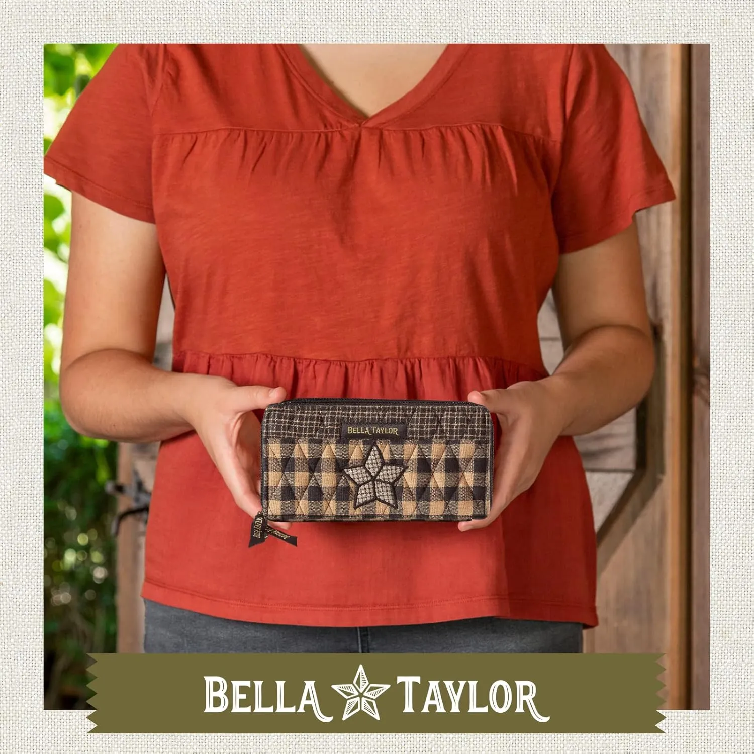 Bella Taylor Slim Card Wallet for Women | Quilted Cotton Fabric Zip Around Credit Card Wallet with RFID Protection | Farmhouse Star
