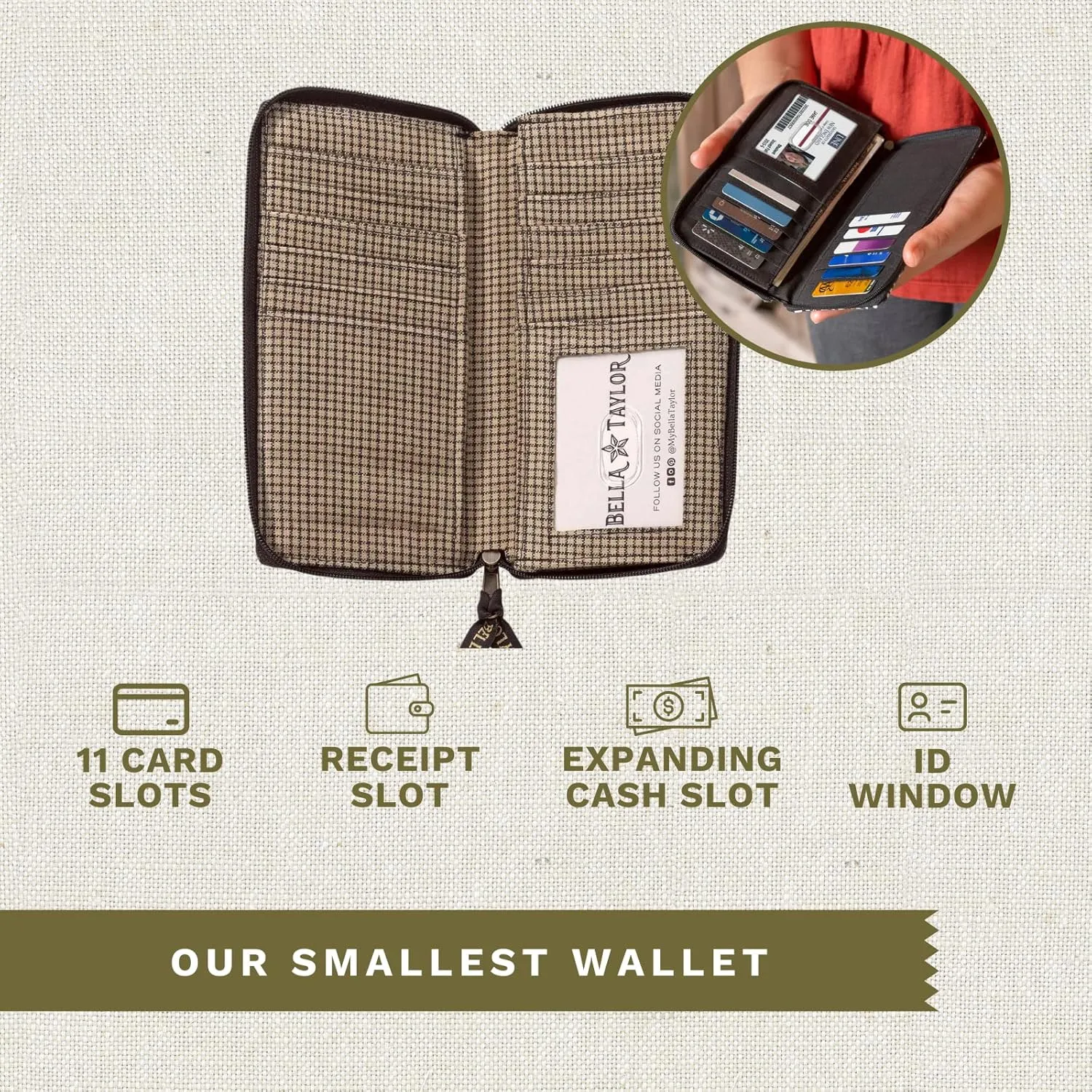 Bella Taylor Slim Card Wallet for Women | Quilted Cotton Fabric Zip Around Credit Card Wallet with RFID Protection | Farmhouse Star
