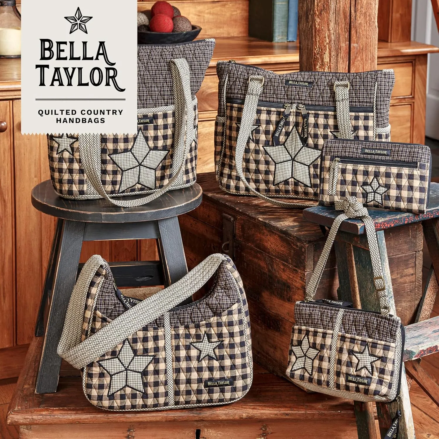 Bella Taylor Slim Card Wallet for Women | Quilted Cotton Fabric Zip Around Credit Card Wallet with RFID Protection | Farmhouse Star