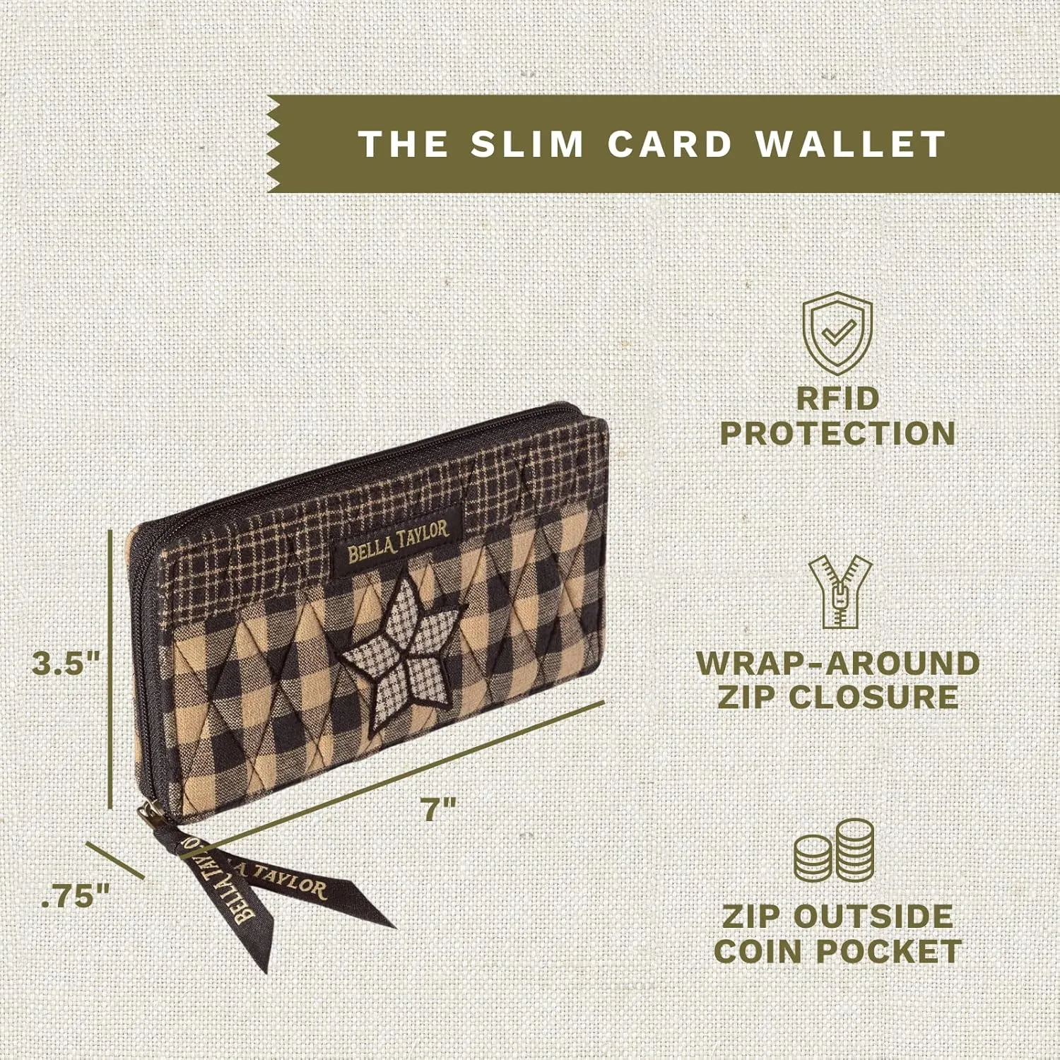 Bella Taylor Slim Card Wallet for Women | Quilted Cotton Fabric Zip Around Credit Card Wallet with RFID Protection | Farmhouse Star