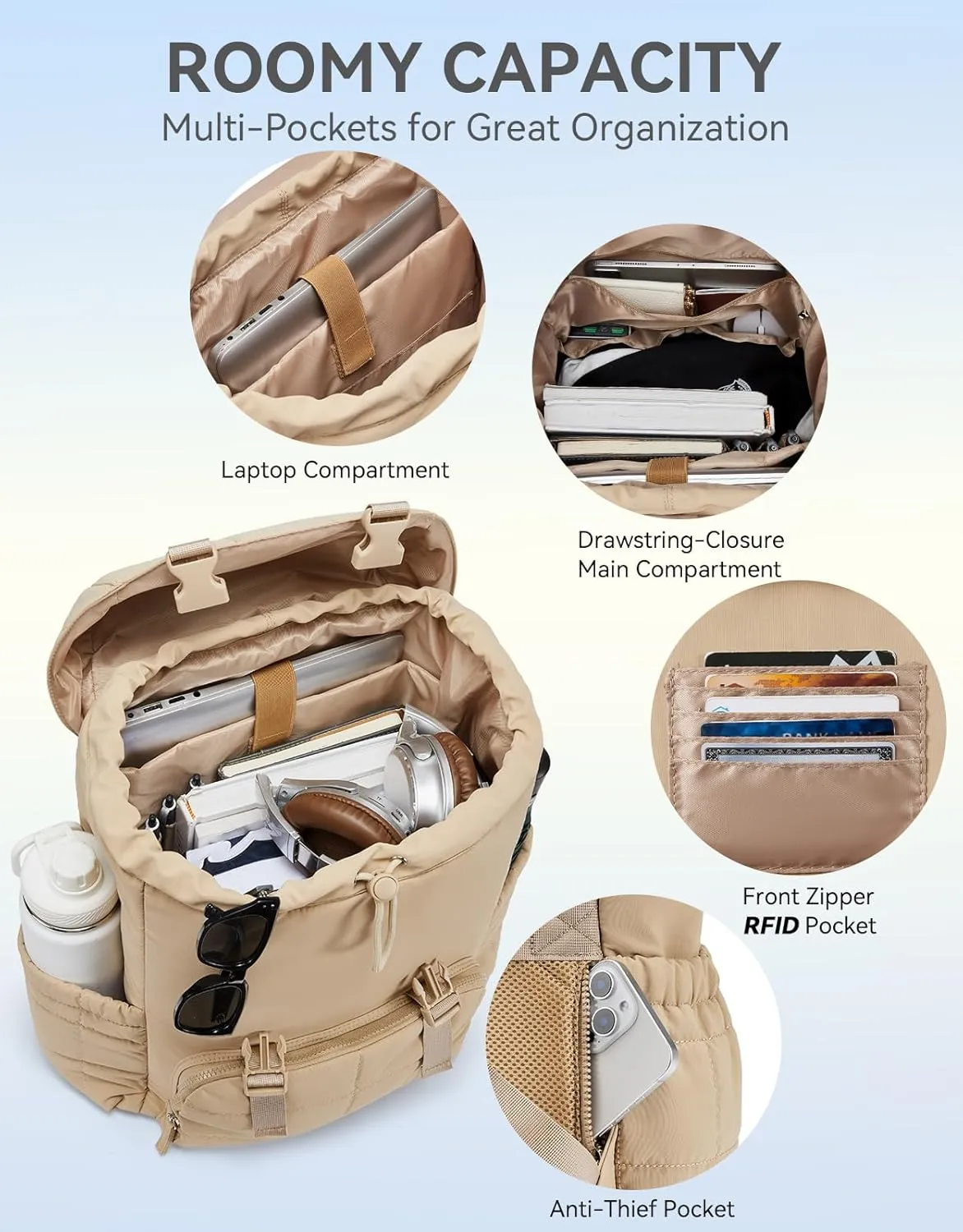 BOSTANTEN Puffer Backpack for Women, 15.6 Inch College Laptop Backpack with RFID Pocket, Water Resistant Casual Travel Daypack, Khaki