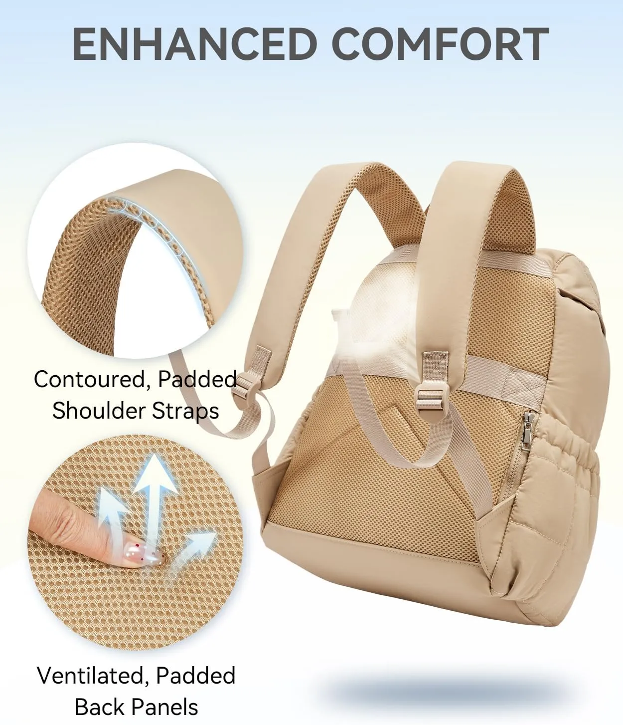 BOSTANTEN Puffer Backpack for Women, 15.6 Inch College Laptop Backpack with RFID Pocket, Water Resistant Casual Travel Daypack, Khaki