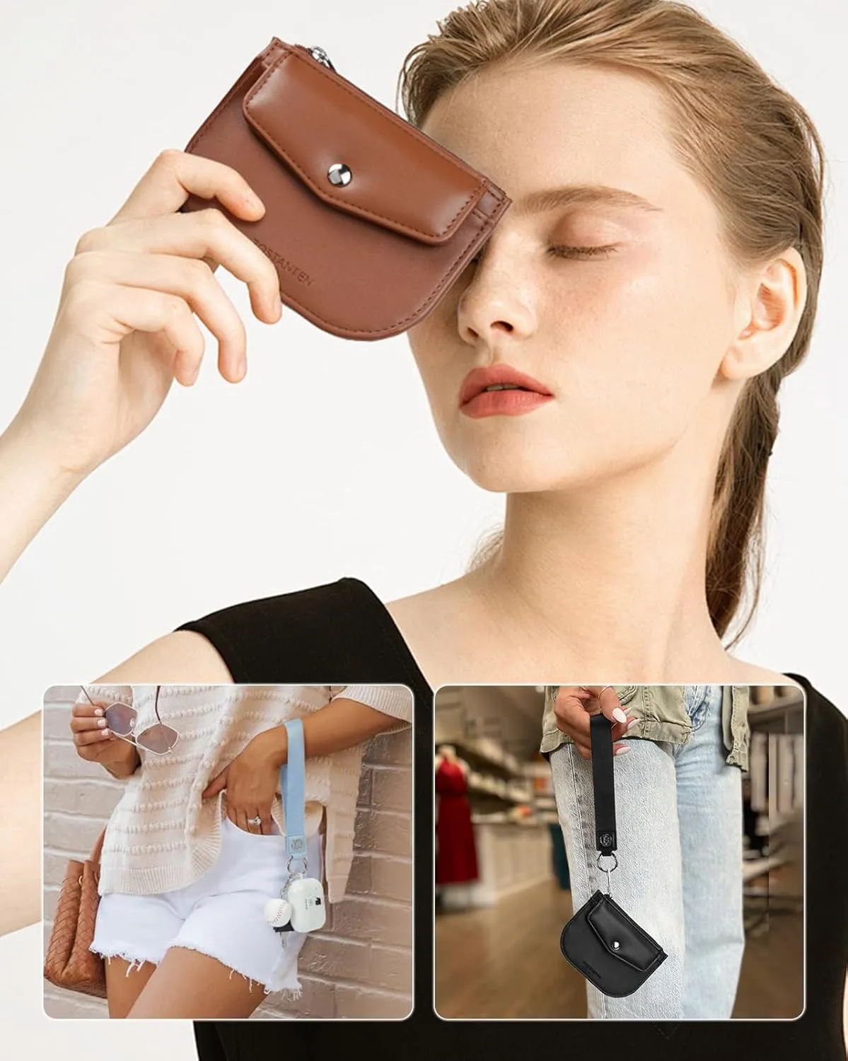 BOSTANTEN Small Wallet for Women RFID Slim Leather Card Holder Wristlet Wallet With Zipper Pocket White