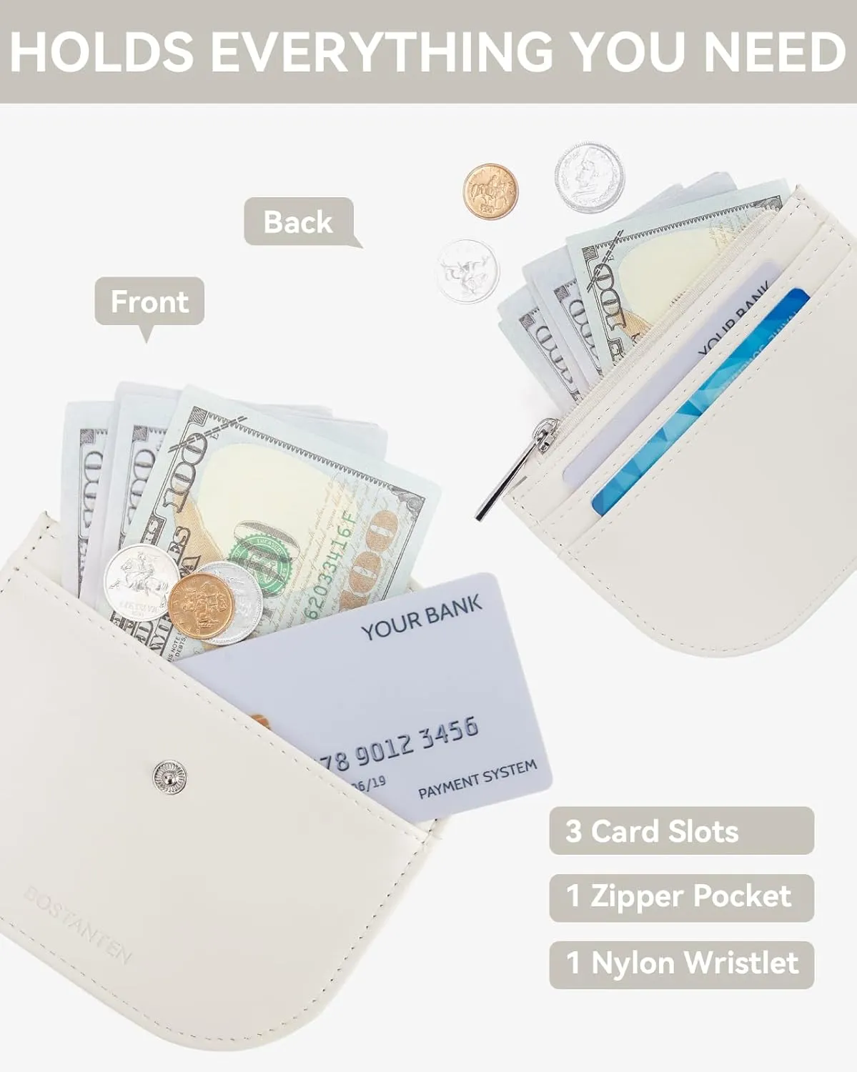 BOSTANTEN Small Wallet for Women RFID Slim Leather Card Holder Wristlet Wallet With Zipper Pocket White