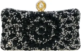 Boutique De FGG Pearl Clasp Crystal Clutch Purses for Women Evening Bags Wedding Handbag Party Rhinestone Clutch Bag,Mini,Black
