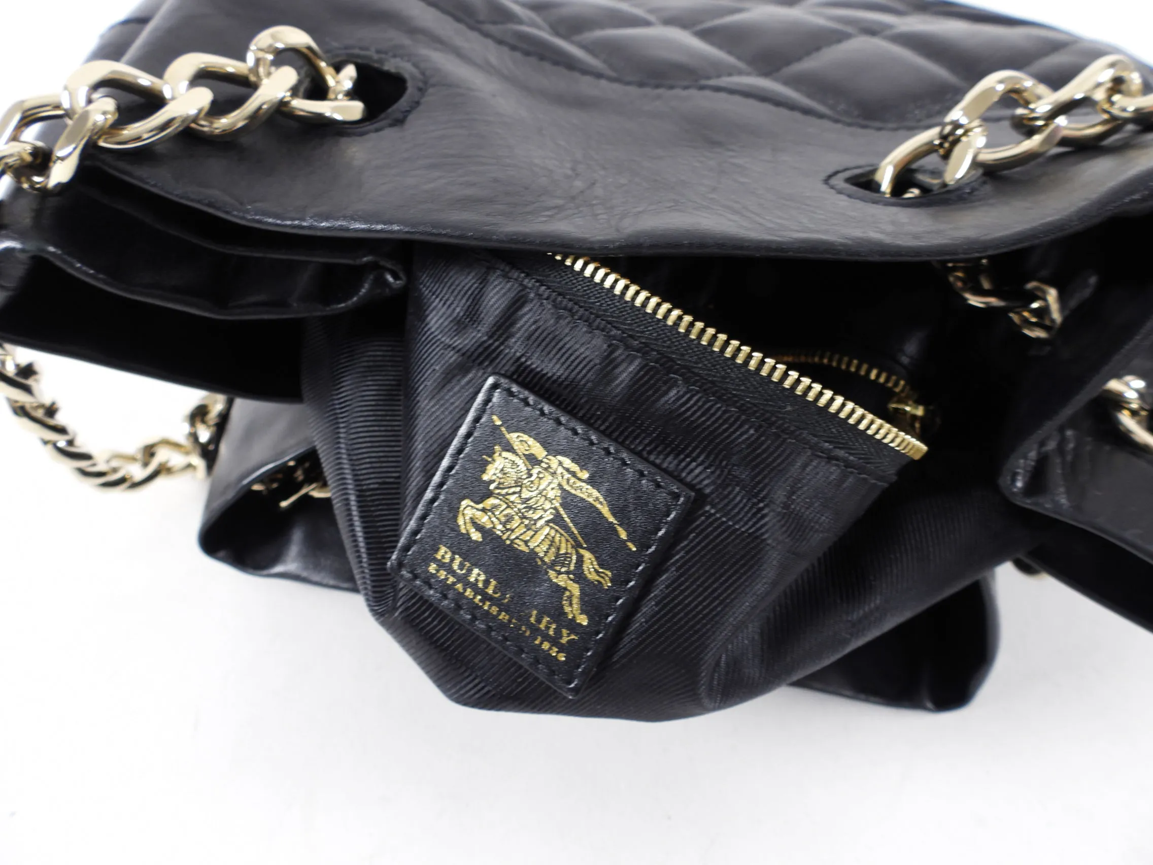 Burberry Black Leather Quilt Drawstring Chain Bucket Bag