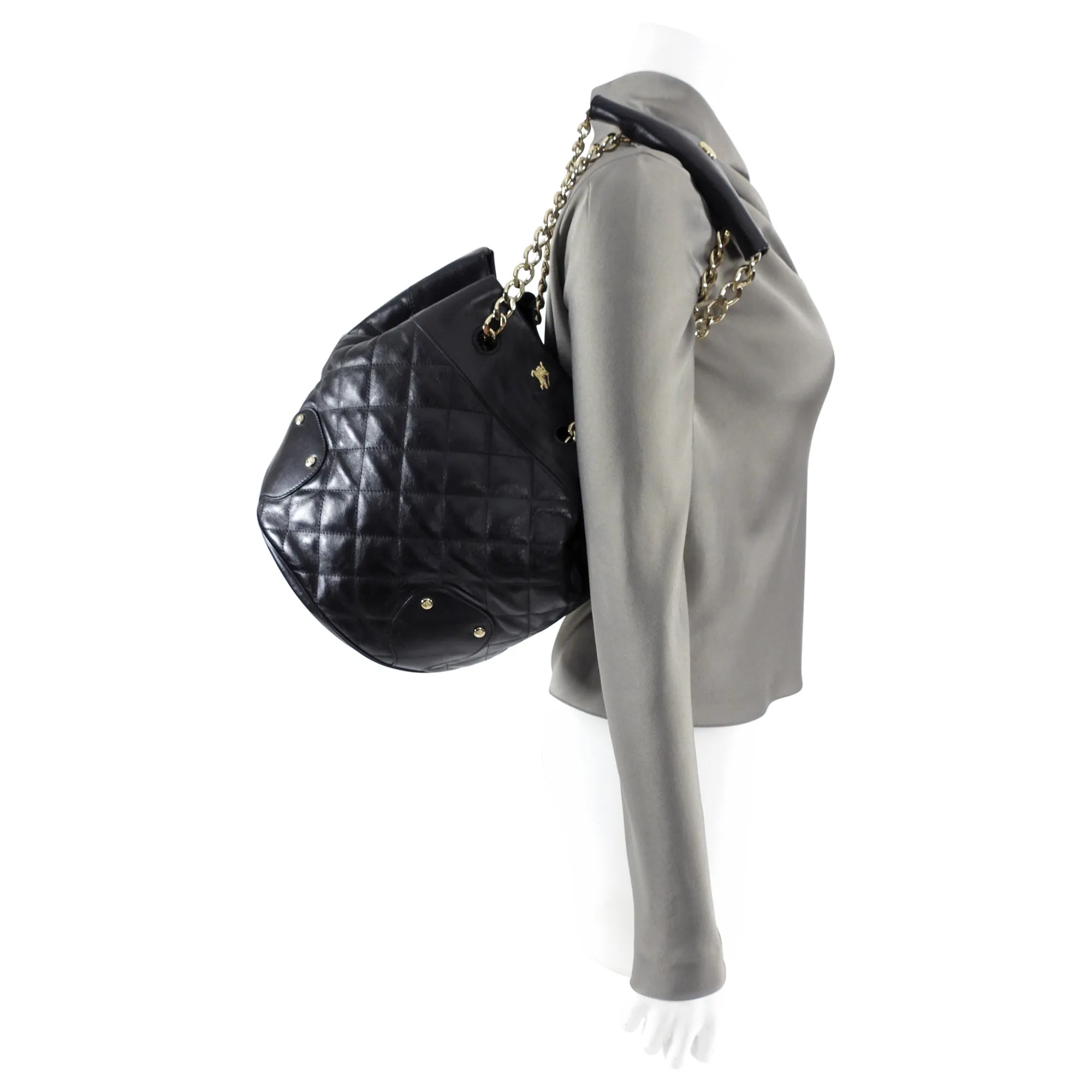 Burberry Black Leather Quilt Drawstring Chain Bucket Bag