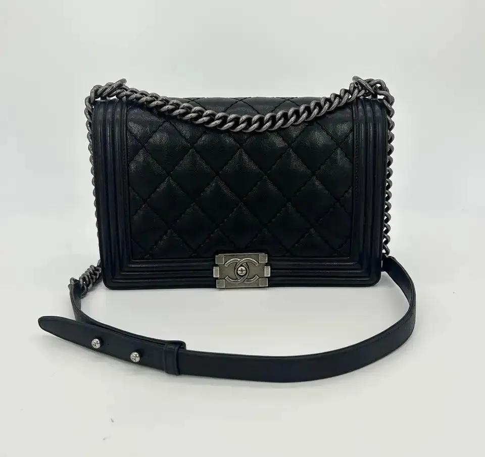 Chanel Black Lambskin Quilted Medium Boy Bag