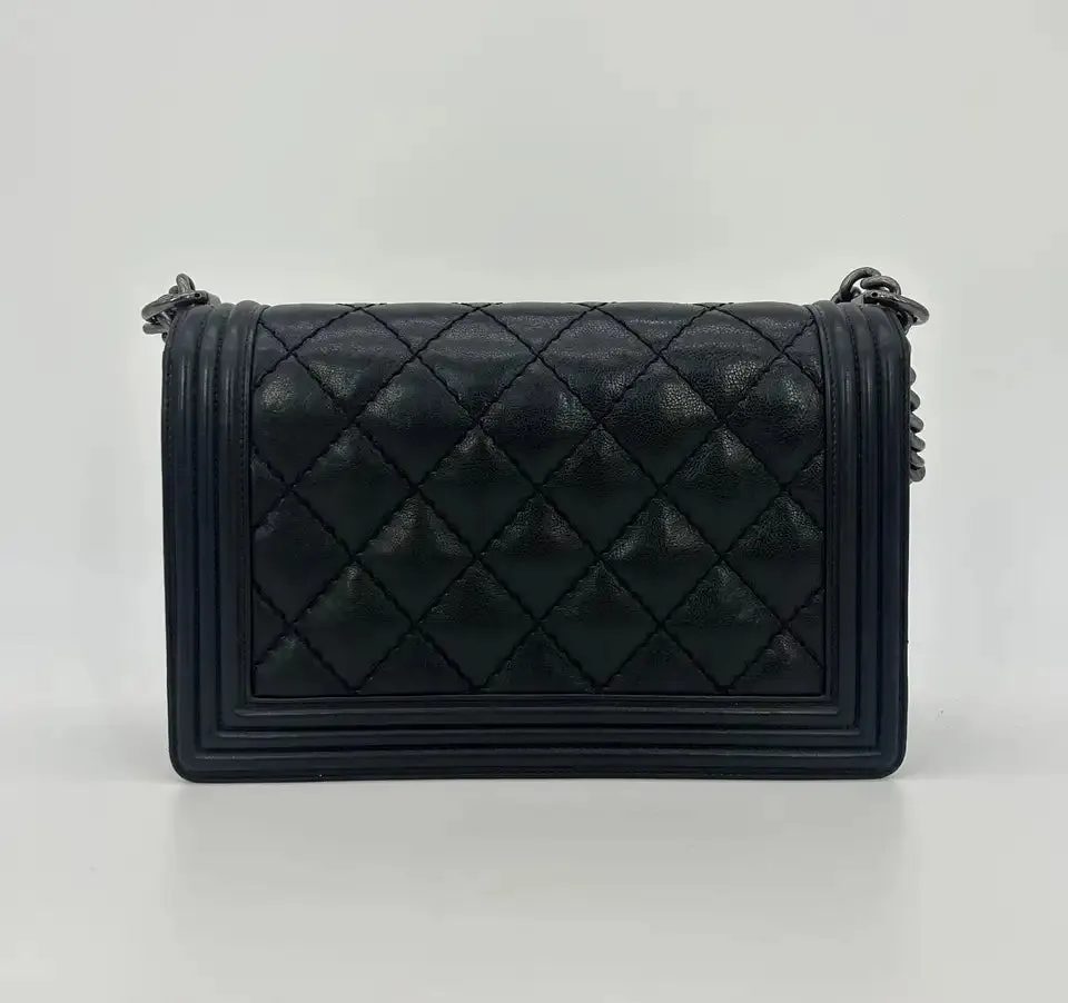Chanel Black Lambskin Quilted Medium Boy Bag