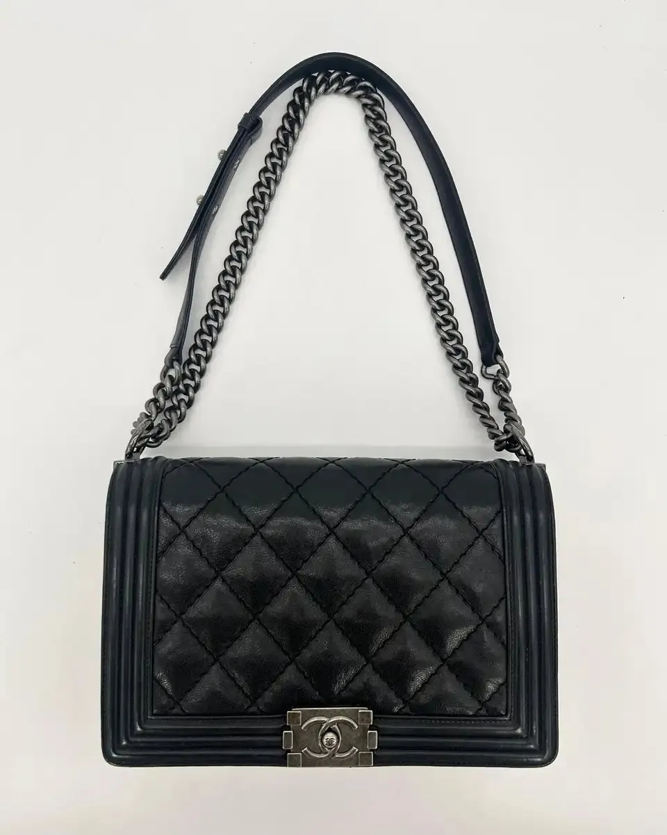 Chanel Black Lambskin Quilted Medium Boy Bag