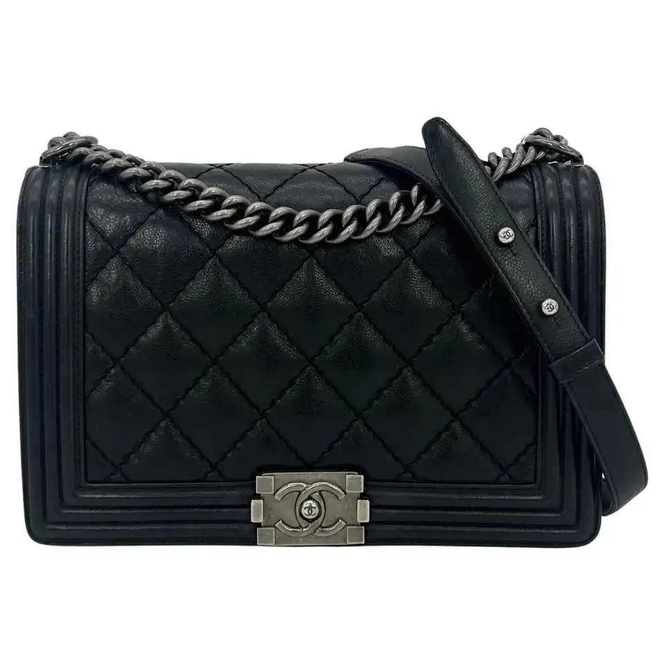 Chanel Black Lambskin Quilted Medium Boy Bag