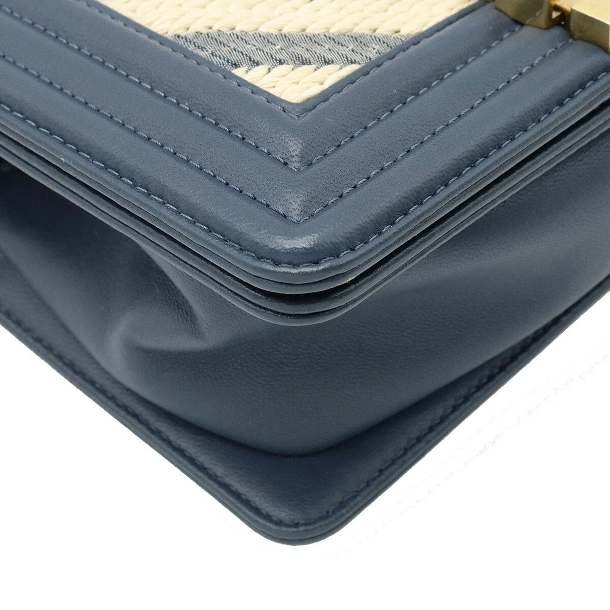 CHANEL Boy V Stitch Chain Bag Shoulder Clutch Fabric Leather Navy Natural