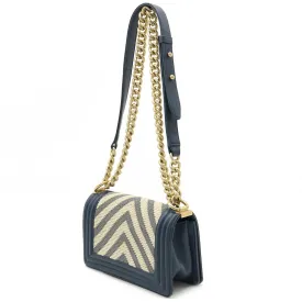 CHANEL Boy V Stitch Chain Bag Shoulder Clutch Fabric Leather Navy Natural