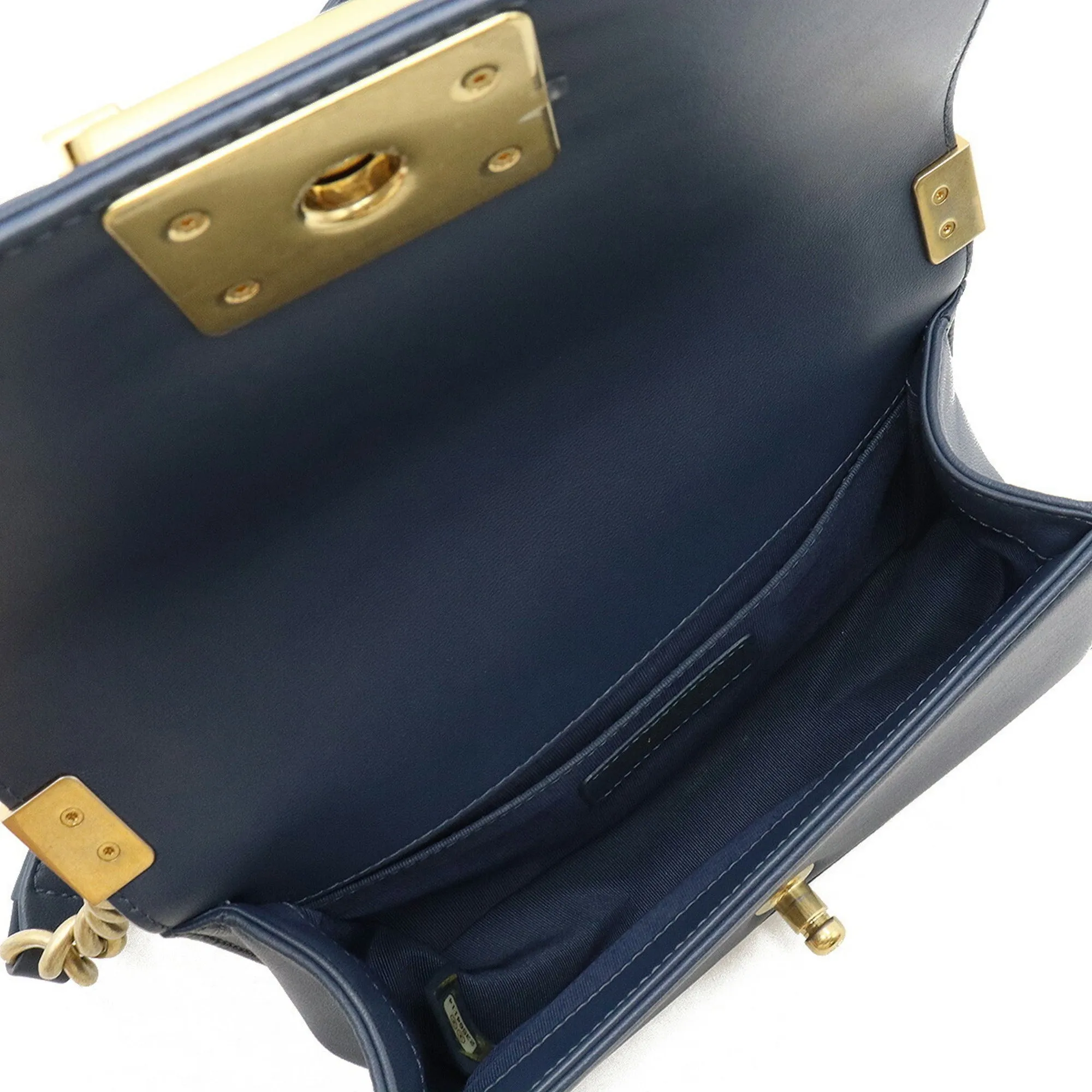 CHANEL Boy V Stitch Chain Bag Shoulder Clutch Fabric Leather Navy Natural