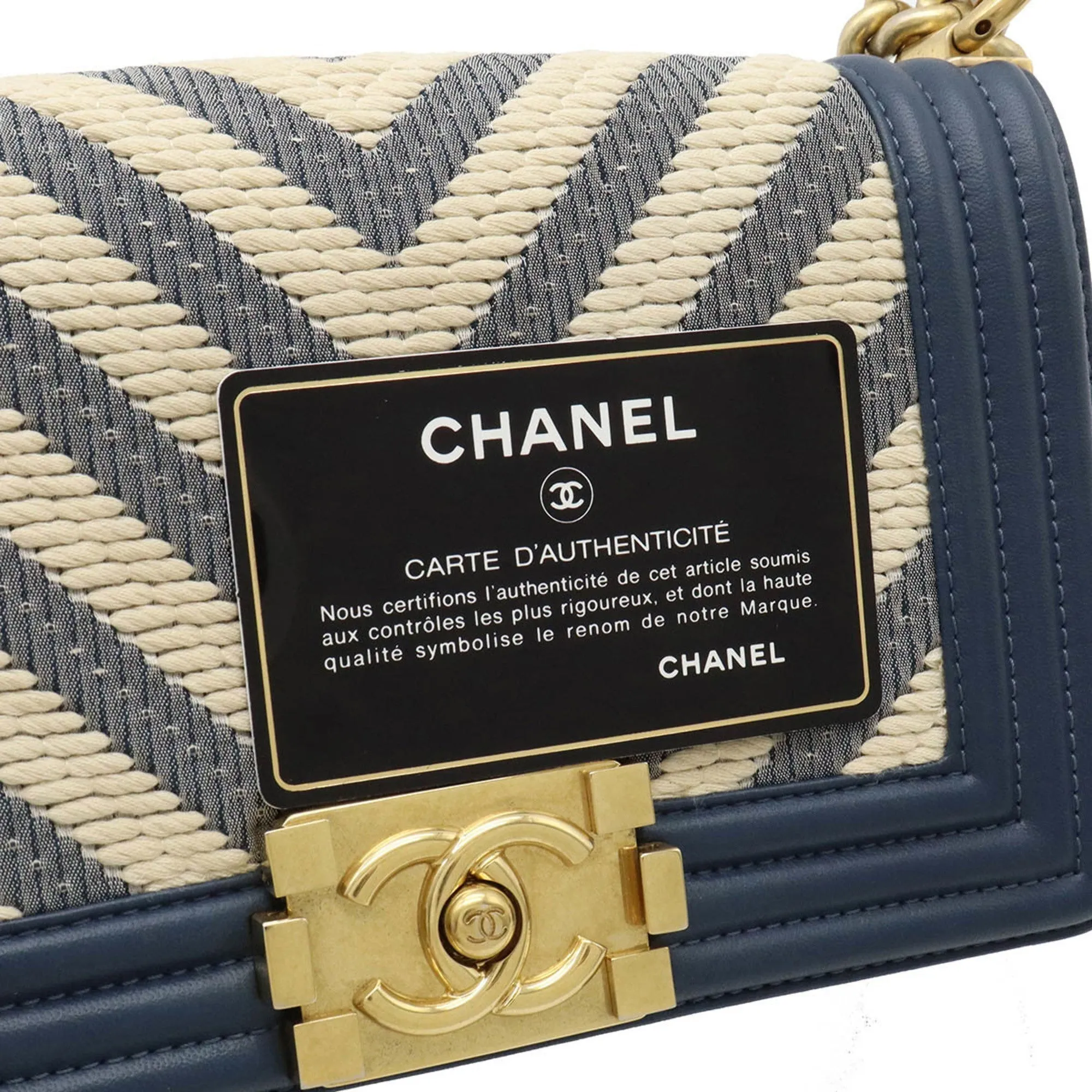 CHANEL Boy V Stitch Chain Bag Shoulder Clutch Fabric Leather Navy Natural