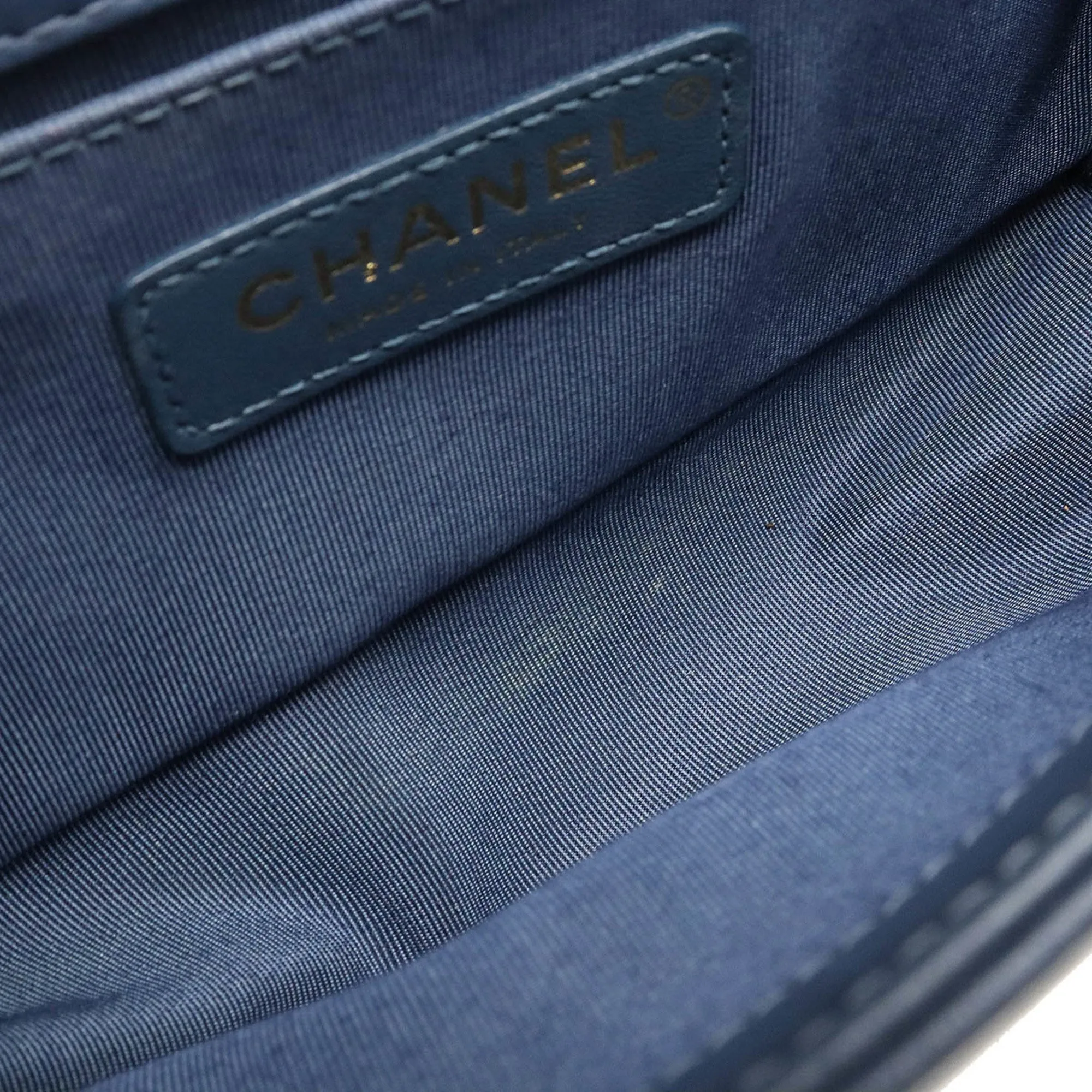 CHANEL Boy V Stitch Chain Bag Shoulder Clutch Fabric Leather Navy Natural