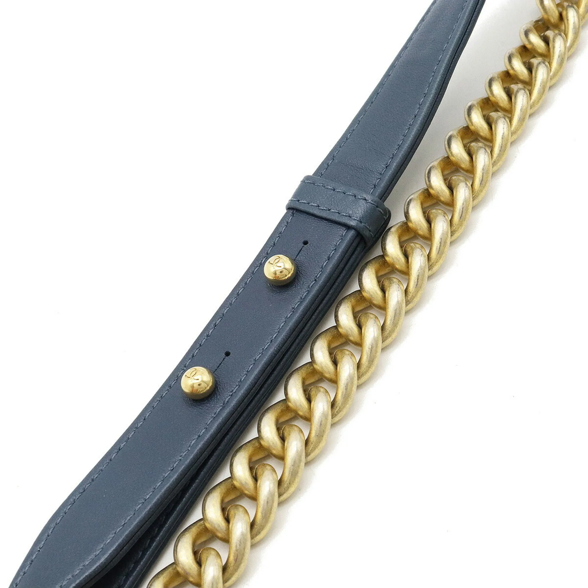 CHANEL Boy V Stitch Chain Bag Shoulder Clutch Fabric Leather Navy Natural