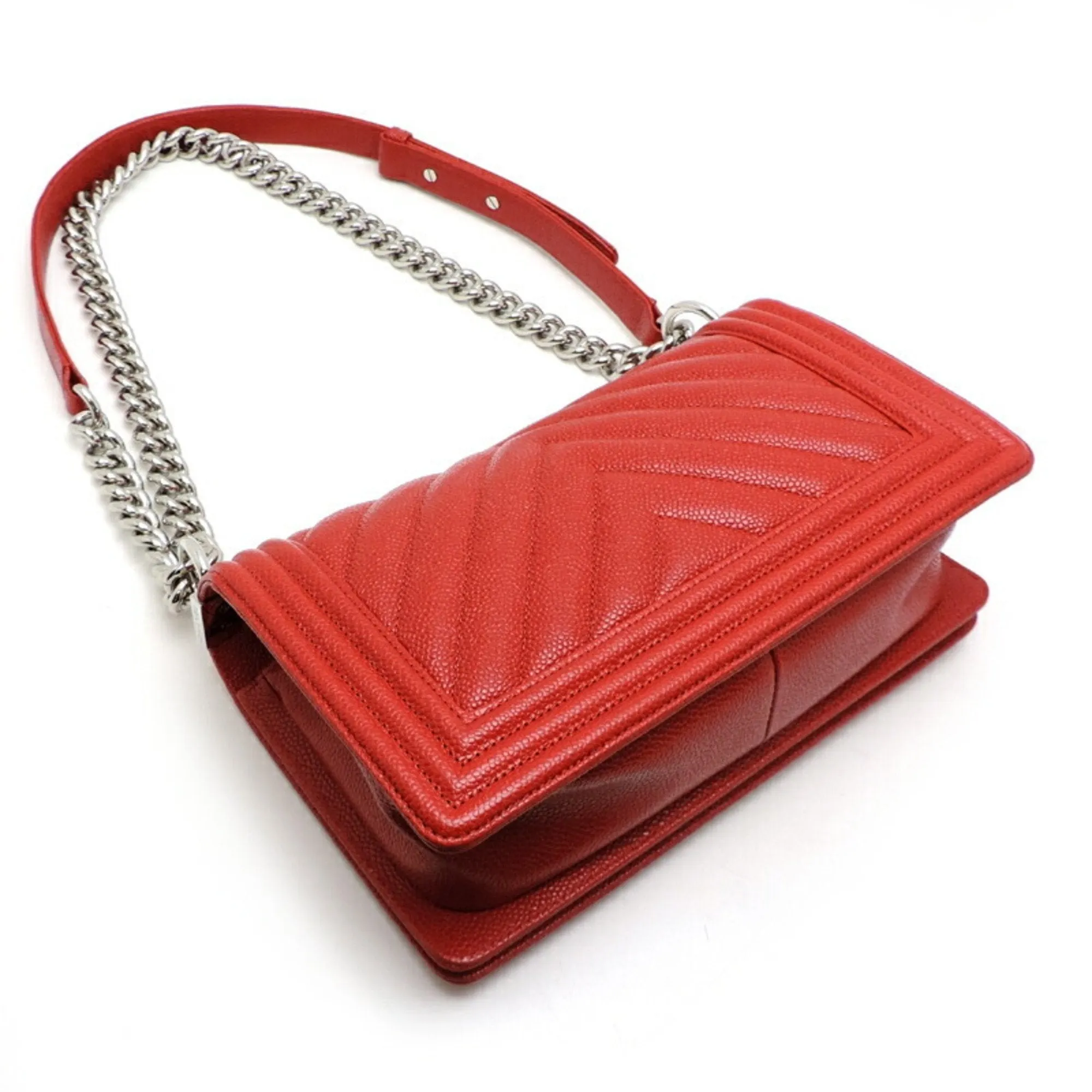 CHANEL Boy V Stitch Chain Shoulder Women's Bag A67086 Caviar Skin Red