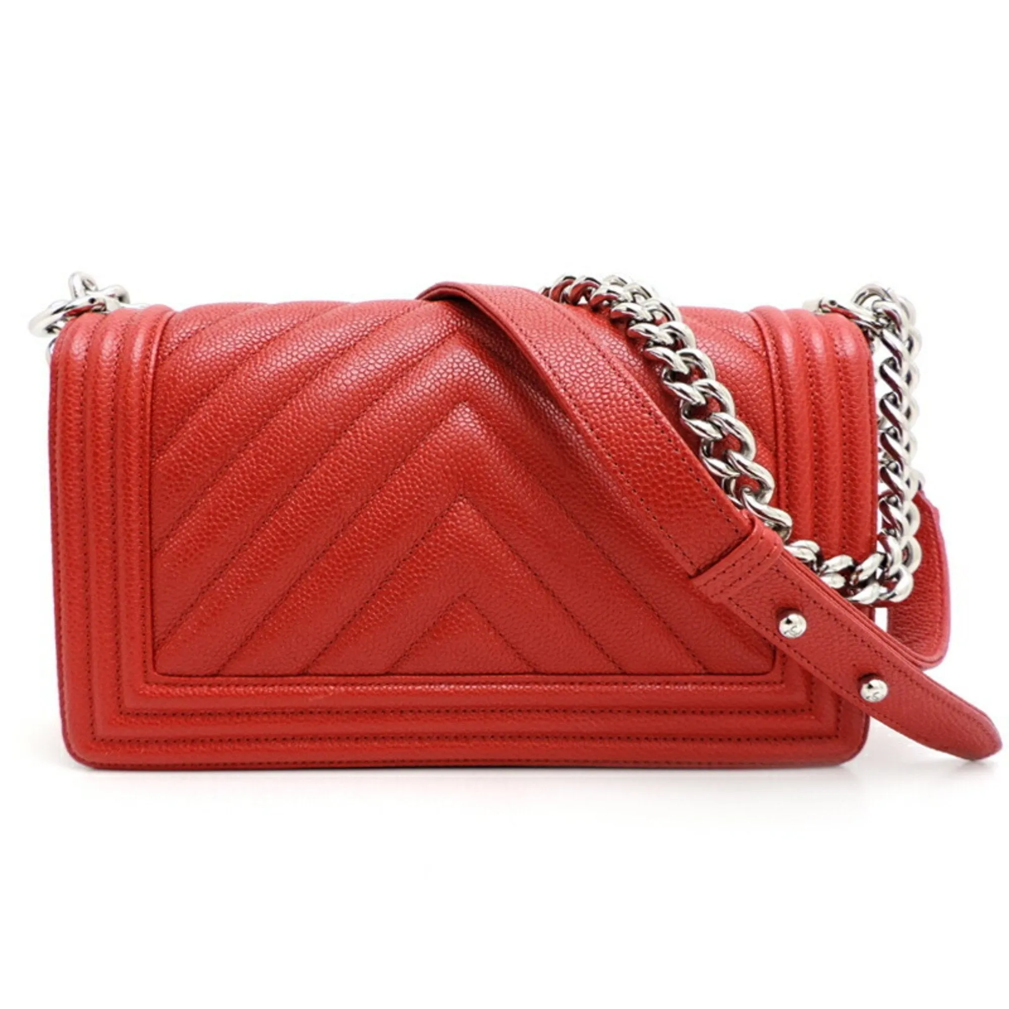 CHANEL Boy V Stitch Chain Shoulder Women's Bag A67086 Caviar Skin Red