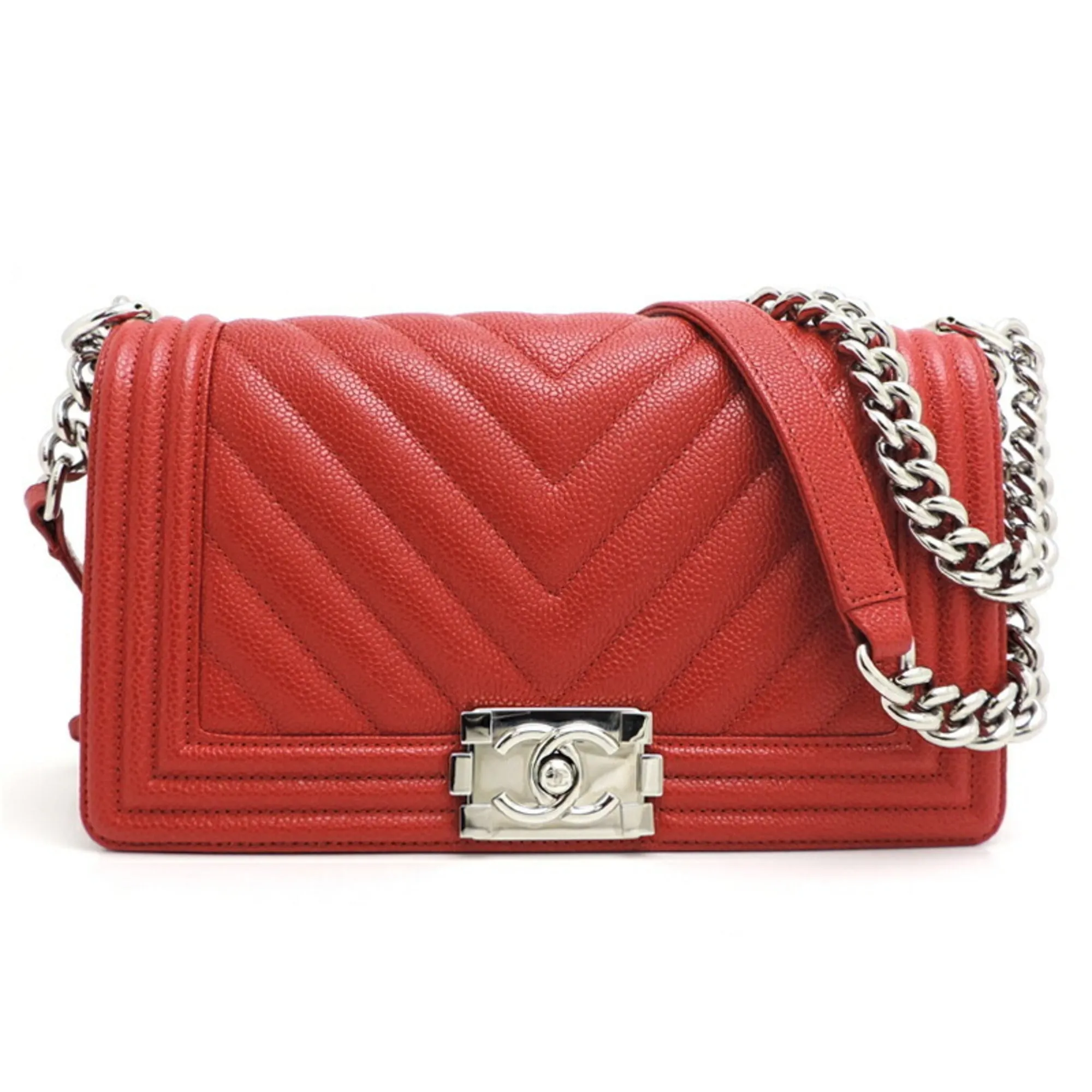CHANEL Boy V Stitch Chain Shoulder Women's Bag A67086 Caviar Skin Red