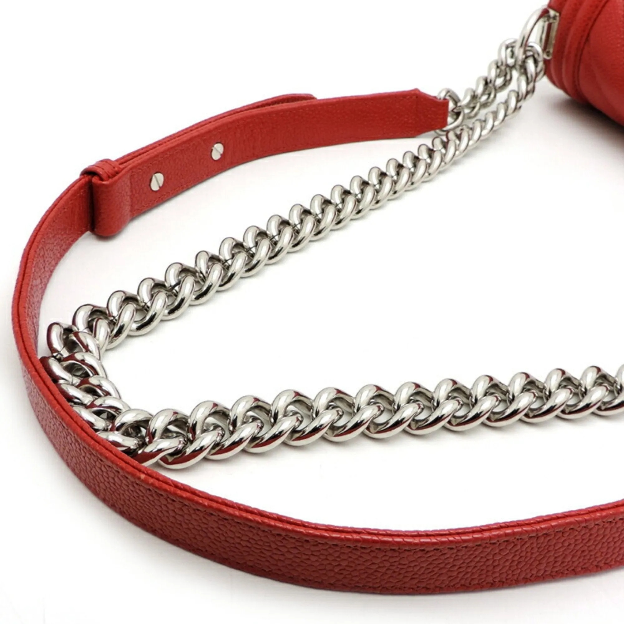 CHANEL Boy V Stitch Chain Shoulder Women's Bag A67086 Caviar Skin Red