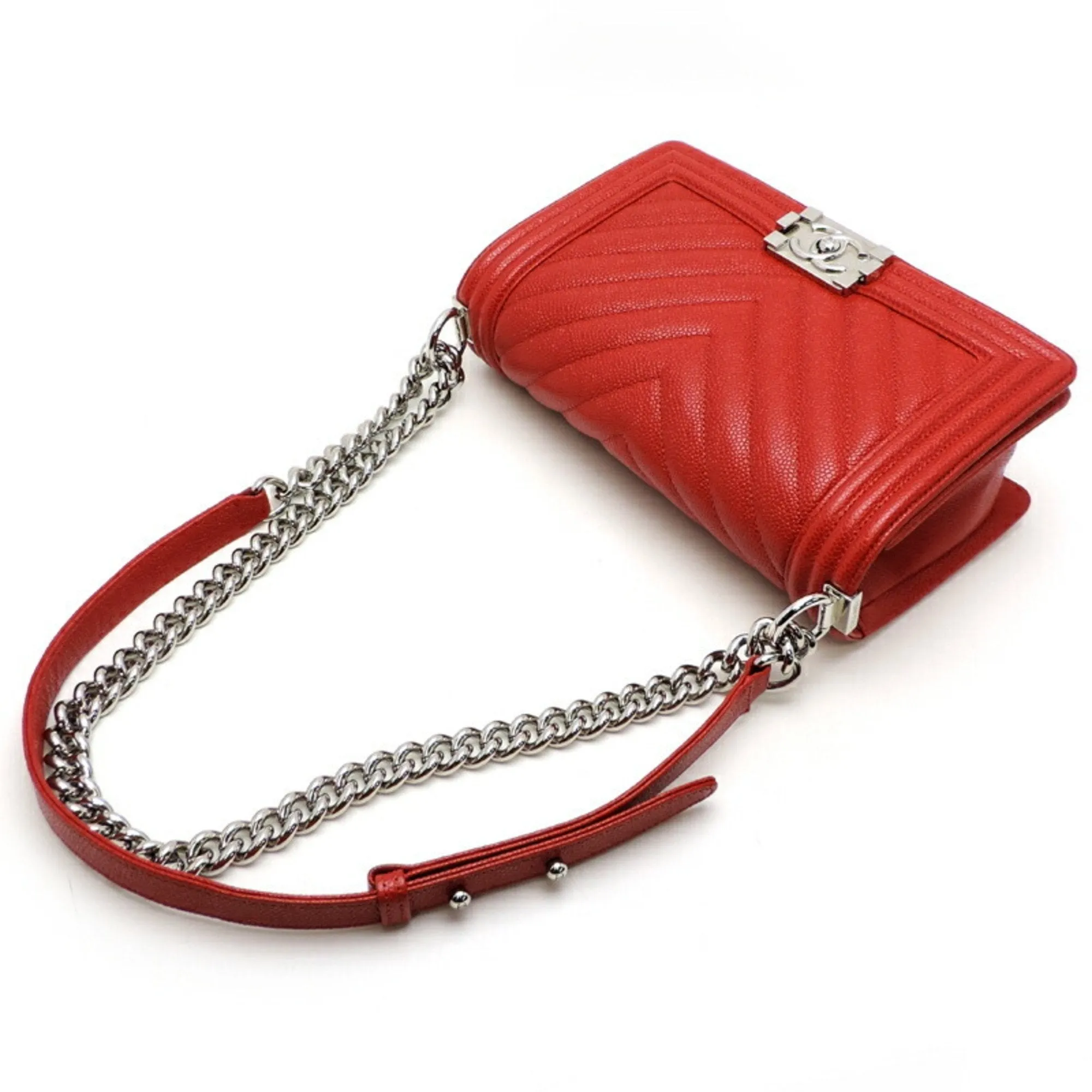 CHANEL Boy V Stitch Chain Shoulder Women's Bag A67086 Caviar Skin Red