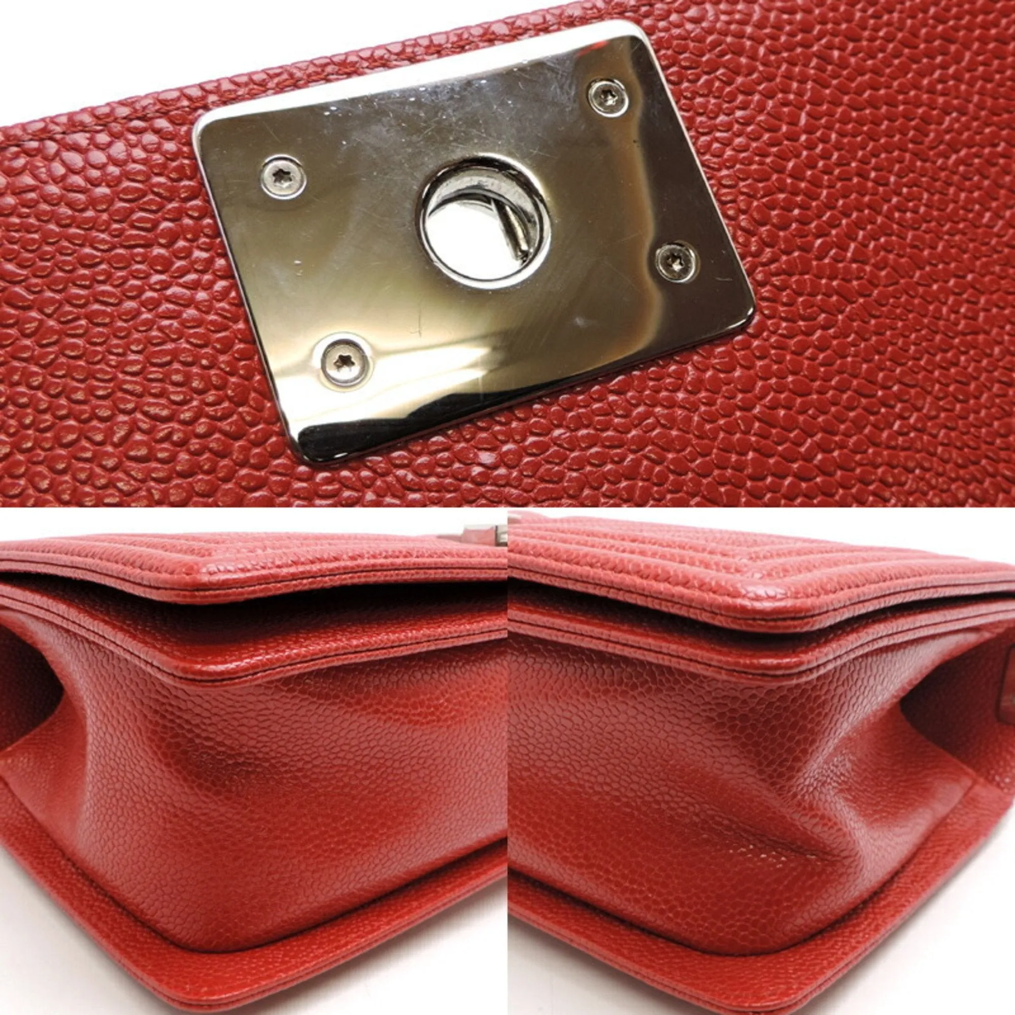 CHANEL Boy V Stitch Chain Shoulder Women's Bag A67086 Caviar Skin Red
