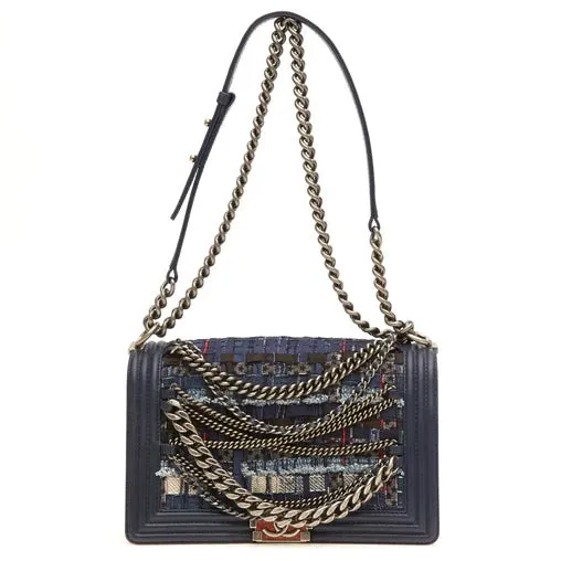 CHANEL NAVY BOUCLE TWEED DECHAINED CHAIN BOY FLAP BAG