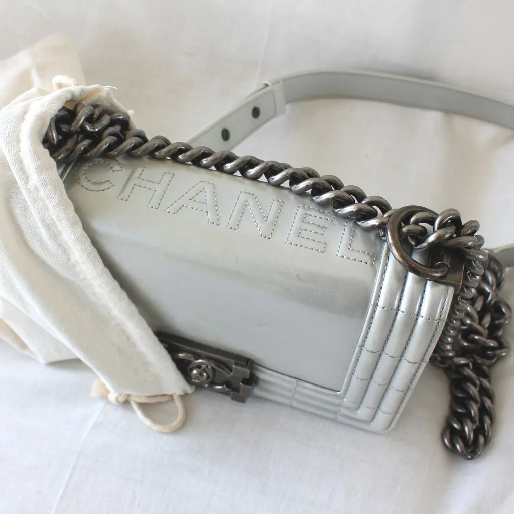 Chanel Silver Glazed Calfskin RHW Small Le Boy Bag
