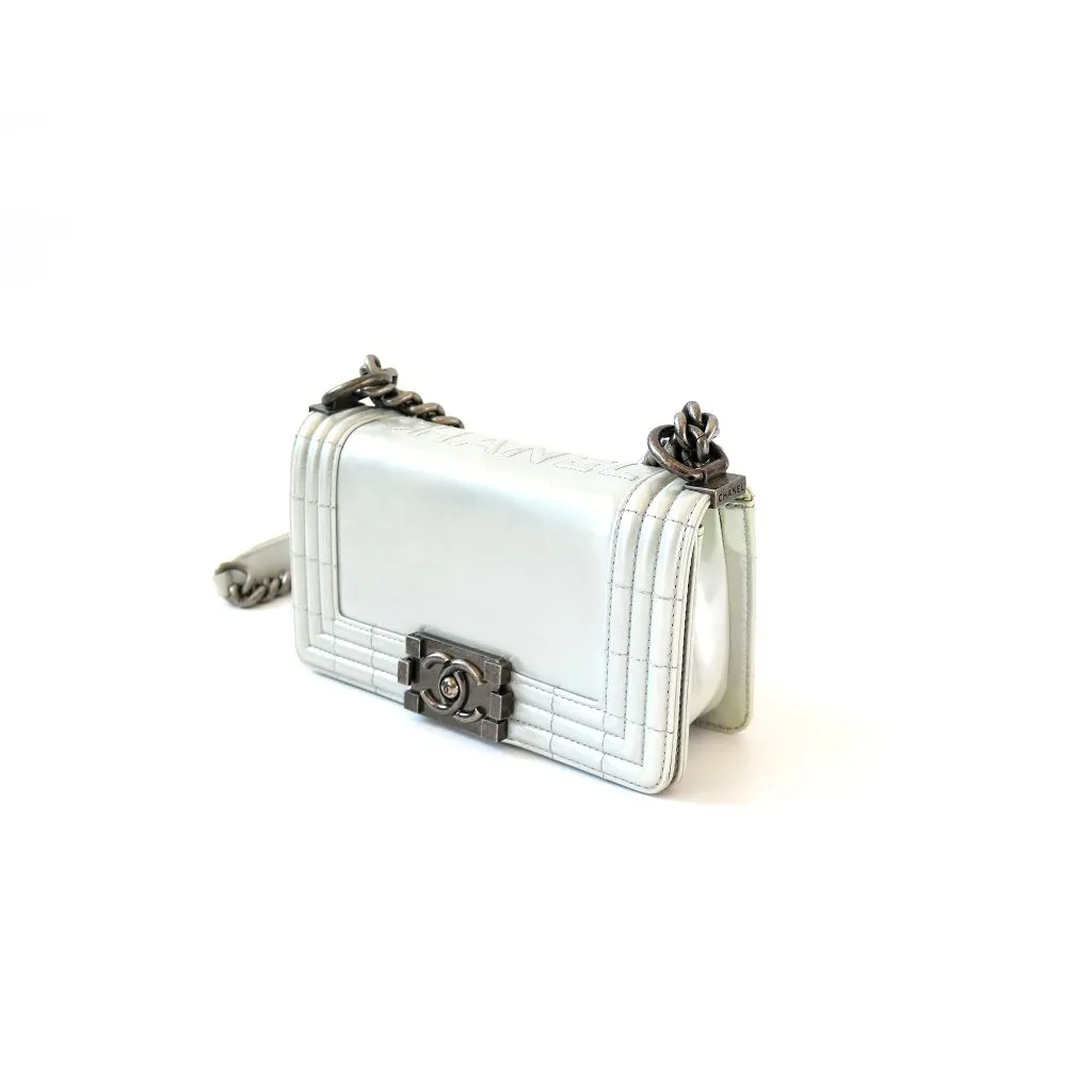Chanel Silver Glazed Calfskin RHW Small Le Boy Bag