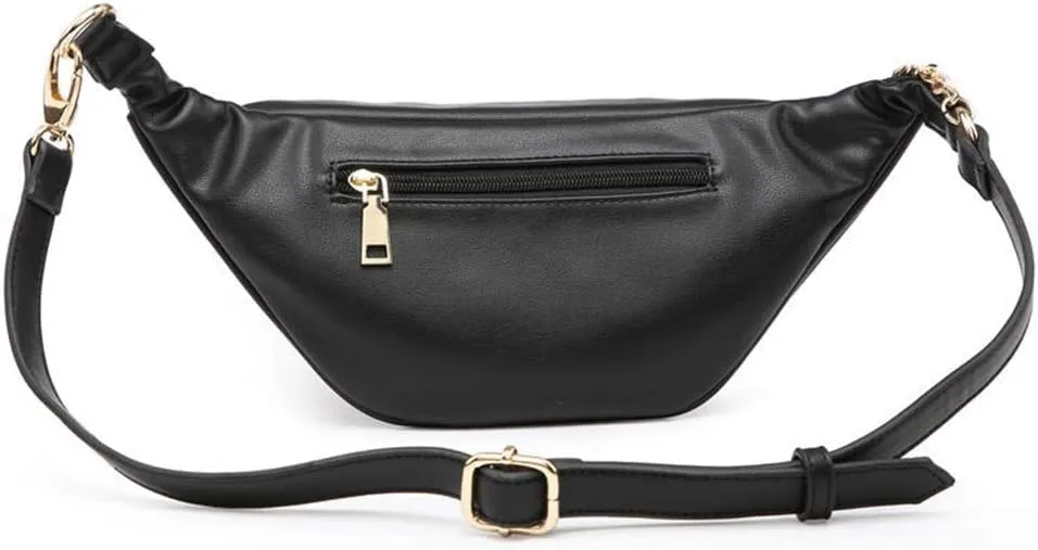 Fashion Leather Waist Fanny Pack Chest Bag Phone Purse with Metalic Chain for Women Black