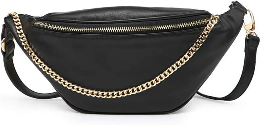 Fashion Leather Waist Fanny Pack Chest Bag Phone Purse with Metalic Chain for Women Black