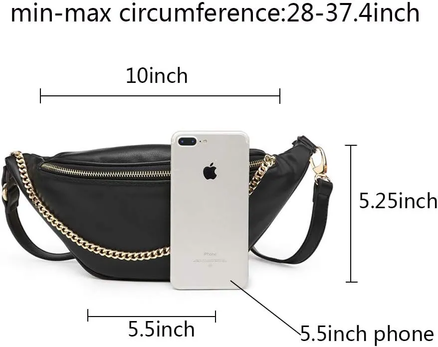 Fashion Leather Waist Fanny Pack Chest Bag Phone Purse with Metalic Chain for Women Black