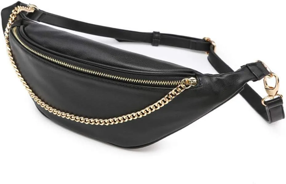 Fashion Leather Waist Fanny Pack Chest Bag Phone Purse with Metalic Chain for Women Black