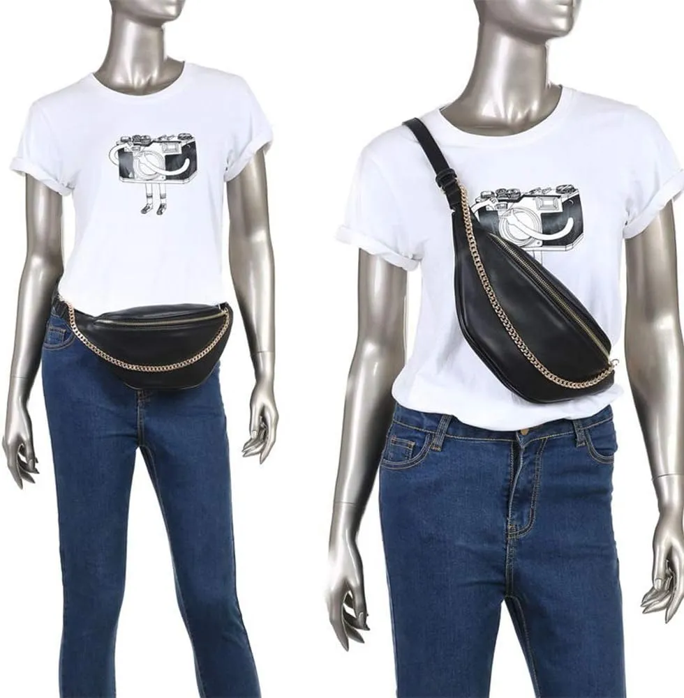 Fashion Leather Waist Fanny Pack Chest Bag Phone Purse with Metalic Chain for Women Black