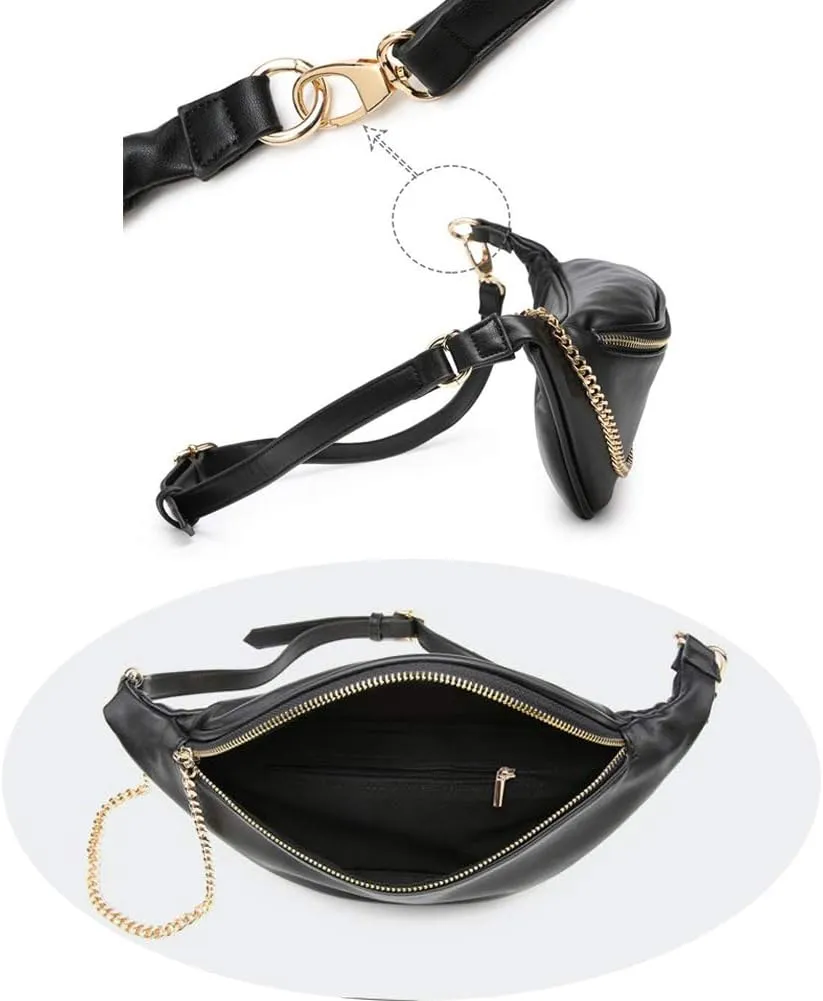 Fashion Leather Waist Fanny Pack Chest Bag Phone Purse with Metalic Chain for Women Black