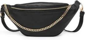 Fashion Leather Waist Fanny Pack Chest Bag Phone Purse with Metalic Chain for Women Black