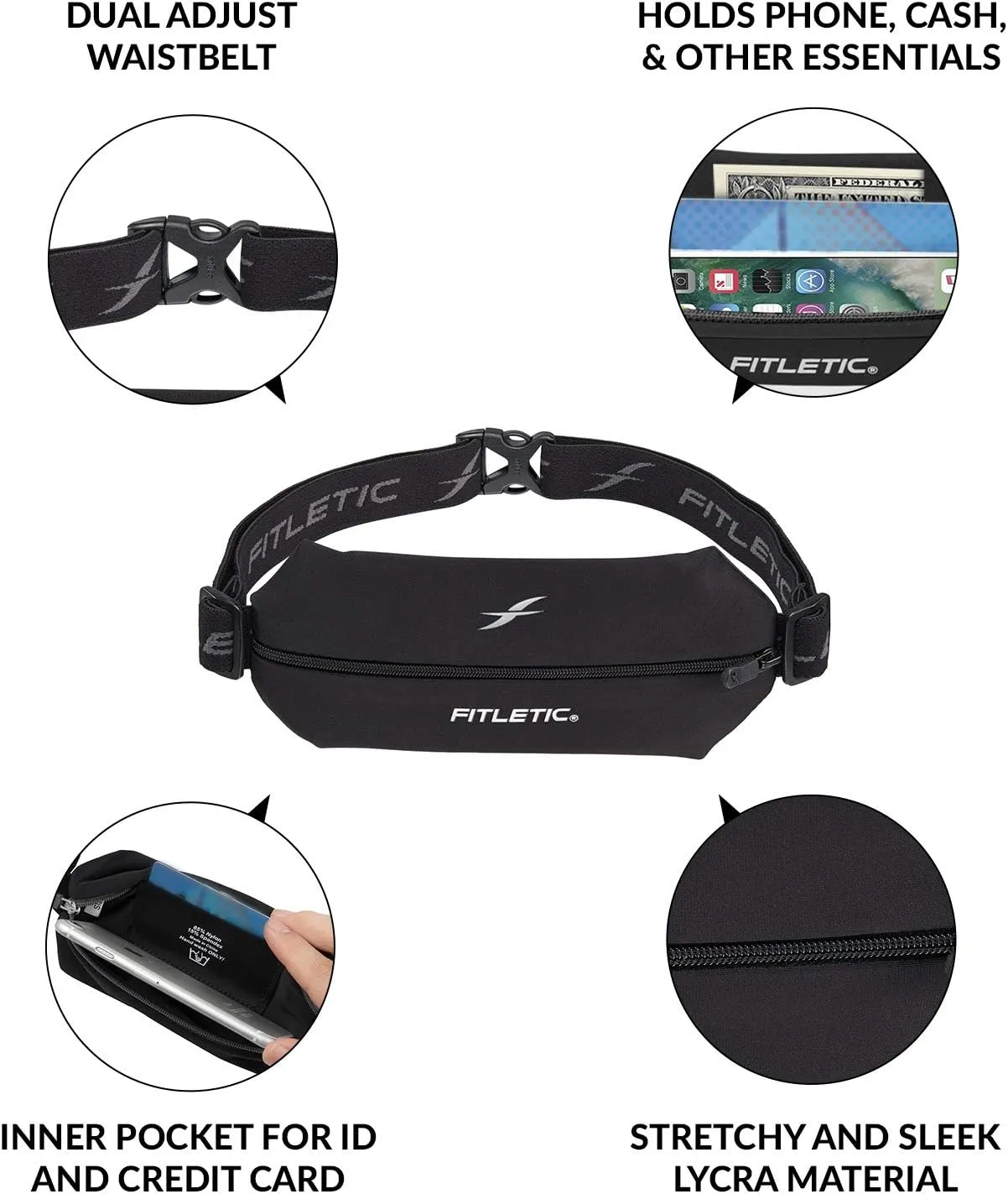 Fitletic Active Lifestyle Fanny Pack & Mini Sports Running Belt For Men & Women  Lightweight, Low Profile & Sleek Design  Ultra-Soft Expandable Lycra Pouch - Fits All Phones  Inner Organizer Pocket