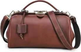 Full Grain Leather Doctor Bag Purse for Women Handbag with Lock Shoulder Bag Vintage Top Handle Satchel with Metal Clasp Frame Opening