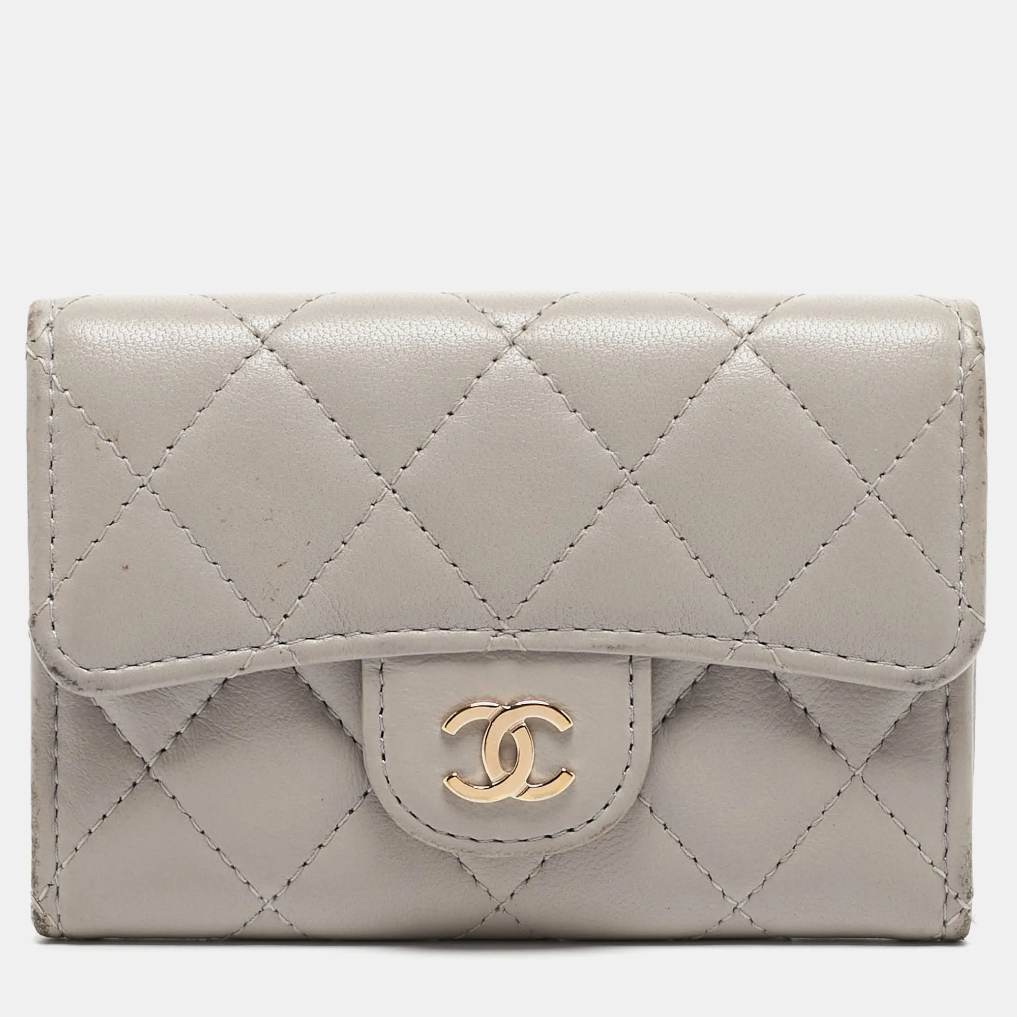 Grey Quilted Leather Flap Card Holder