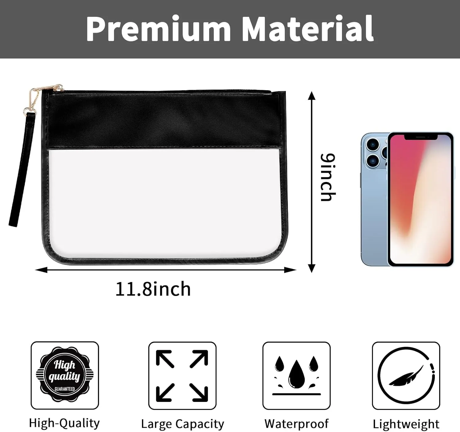 Iqimott Clear Zipper Pouch, DIY Clear Makeup Cosmetic Bag Purse for Women Girls, Chenille Letter Travel Toiletry Bag(Black)