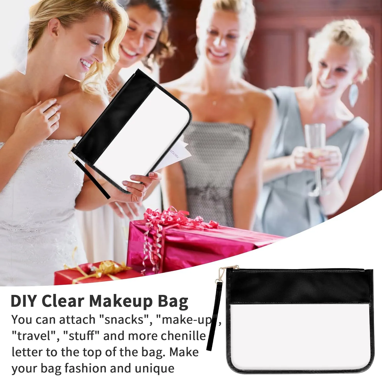 Iqimott Clear Zipper Pouch, DIY Clear Makeup Cosmetic Bag Purse for Women Girls, Chenille Letter Travel Toiletry Bag(Black)