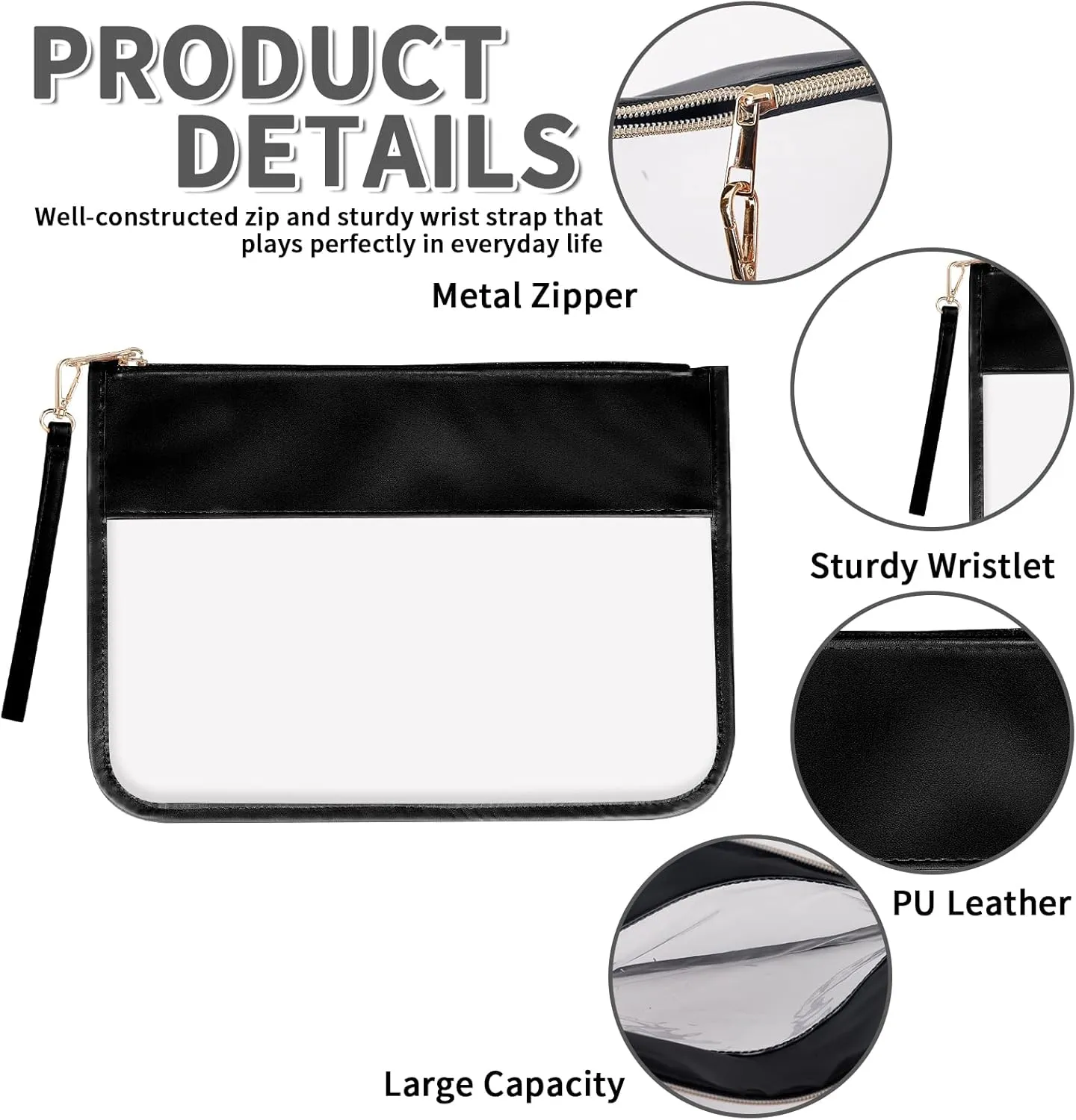 Iqimott Clear Zipper Pouch, DIY Clear Makeup Cosmetic Bag Purse for Women Girls, Chenille Letter Travel Toiletry Bag(Black)