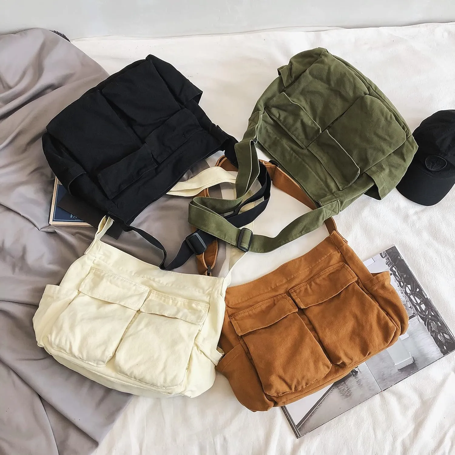 KlaOYer Canvas Messenger Bag Large Hobo Bag Crossbody Shoulder Bag Tote Bag with Pocket for Women and Men