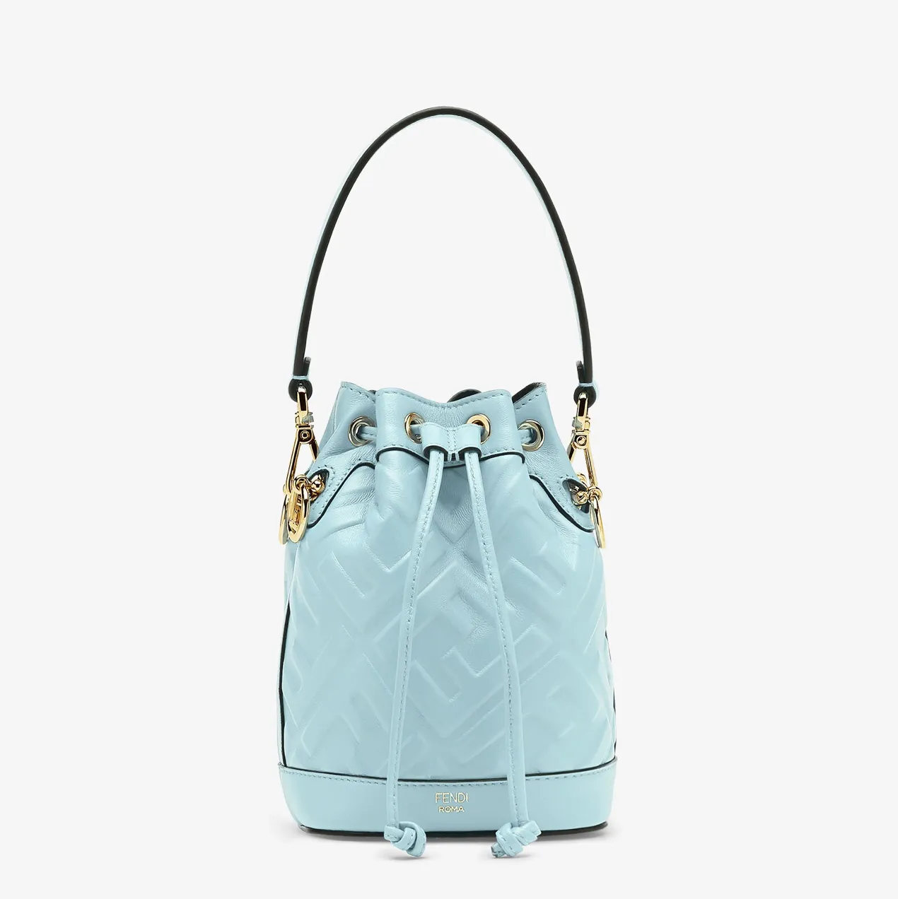 MON TRESOR LEATHER MINI BUCKET BAG WITH FF MOTIF - LIGHT BLUE