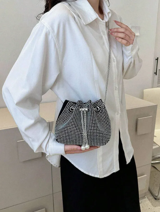Multi-Color Sparkling Rhinestone Drawstring Bucket Bag